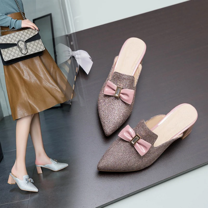 KOLNOO New Arrival Handmade Womens Thick Heels Slippers Butterfly-Knot Sexy Outdoor Summer Sandals Three-Colors Fashion Shoes