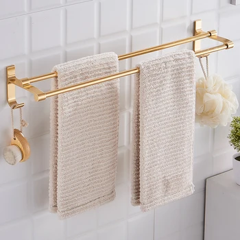 

Aluminum Wall Mounted Double Towel Racks No Punching Bath Rails Bars with Hooks Hanger Household Clothes Rail Bathroom Tools