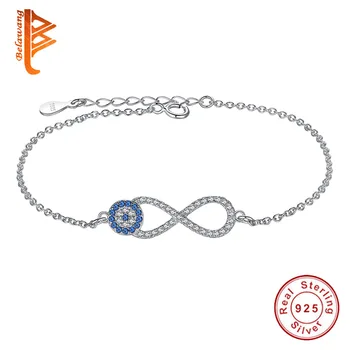 

BELAWANG Authentic 100% 925 Sterling Silver Infinity Bracelet for Women Bangle Blue Clear Crystal Link Chain Bracelet Jewelry