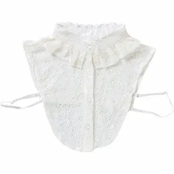 

Women Girls Layered Ruffles False Fake Stand Collar Full Crochet Floral Lace Shawl Detachable Button Down Half-Shirts Blouse
