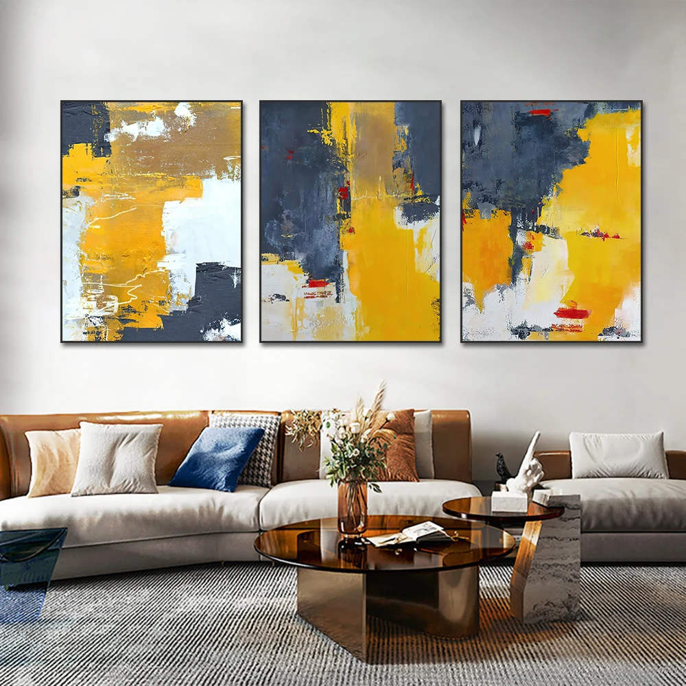 

3 Panel Abstract Yellow With Grey Canvas Painting Modern Nordic Posters And Prints Wall Art For Living Room Home Decoration