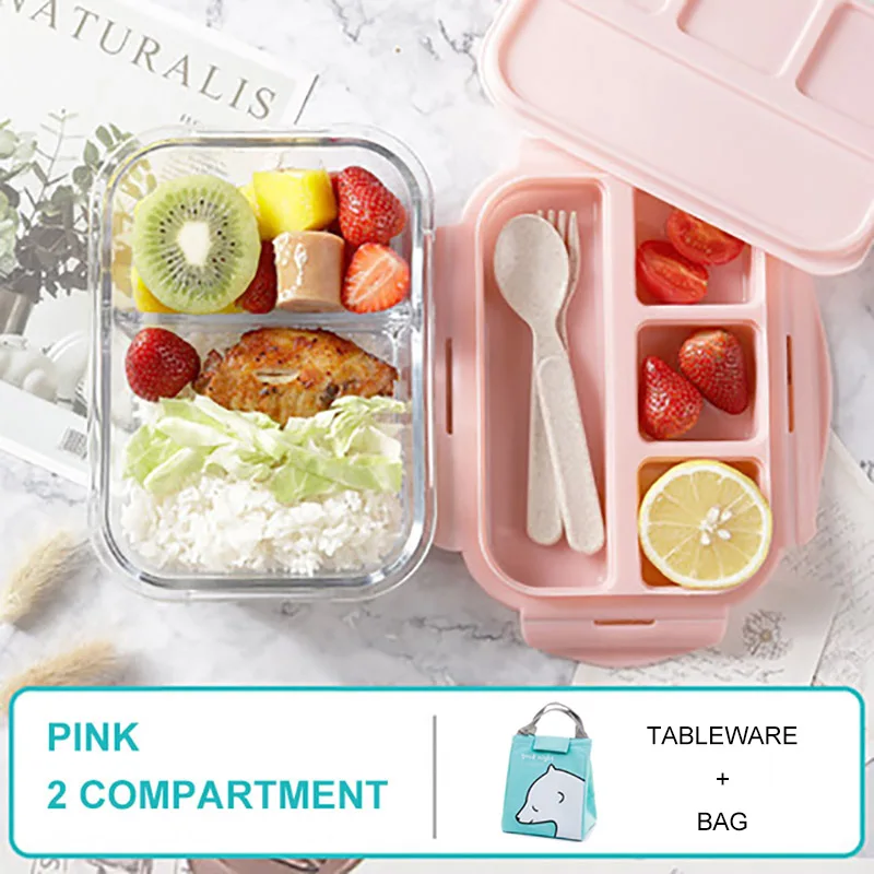 Baispo Ланч-бокс для детей стеклянный микроволновый Bento box контейнер для еды и отсек для хранения школы герметичный кухонный с подогревом - Цвет: Pink 2 gird set