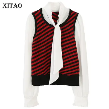 

XITAO Patchwork Striped Hit Color Sweater Women Clothes 2019 Fashion False Two Pieces V Neck Bandage Pleated Knitted Top ZLL4529