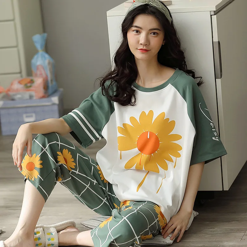 

Pure Cotton Comfortable Women's Pajamas Casual Korean Style Loose Short-sleeved Round Neck Plaid Cotton Homewear Two-piece Suit