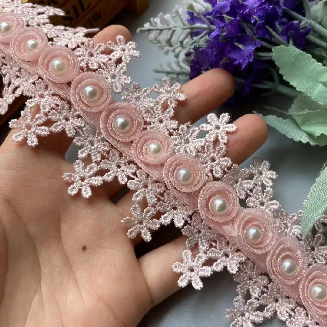 

1 Yard Pink Pearl Tassel 3D Soluble Flowers Lace Trim 5.5cm Wedding Embroidered DIY Handmade Patch Ribbon Sewing Supplies Craft