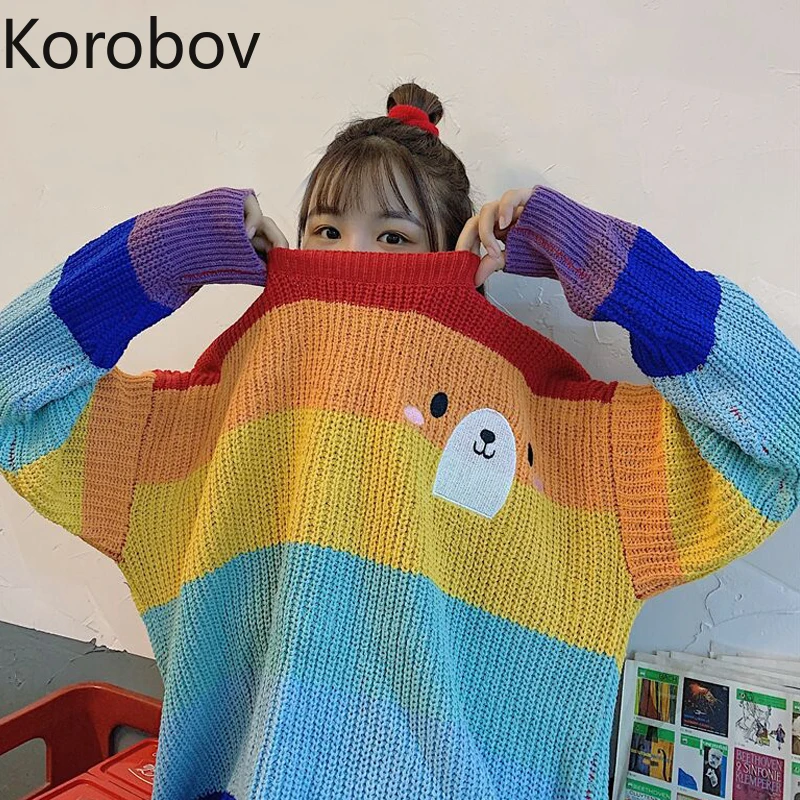 Korobov Harajuku O-Neck Long Sleeve Women Sweaters Korean Rainbow Striped Patchwork Sueter Mujer Chic Casual Jumper Femme 79209 | Женская
