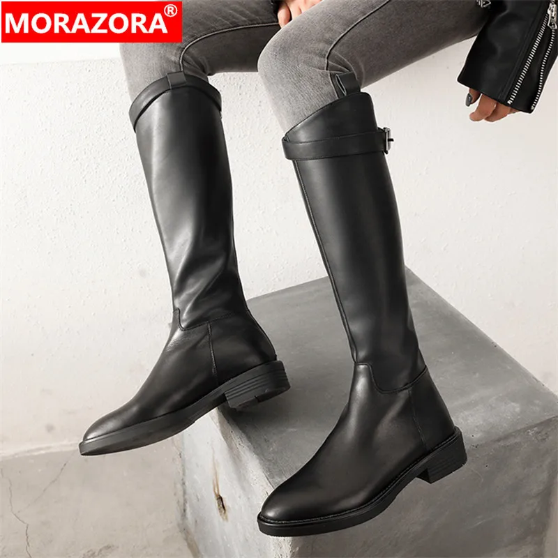 MORAZORA/ г., Новое поступление, модные зимние сапоги до колена из натуральной кожи Удобные черные женские сапоги на низком каблуке с круглым носком