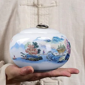 

Exquisite Ceramic Tea Caddy Chinese Landscape Painting Food Sealed Jar Storage Tank Sealed Storage Box Coffee Package Container
