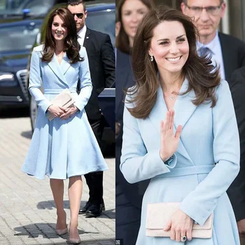 

The Duke and Duchess of Cambridge Star of the Same Paragraph 19 Autumn and Winter Dress Lapel Collar Long Sleeves Dress