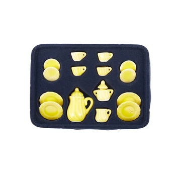 

LOT OF 15 Jinger Yellow Dollhouse Miniature porcelain China Coffee Tea Pot Cups