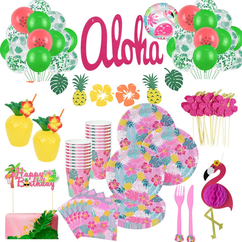 Гавайская Юбка Aloha Вечерние Розовые Одноразовые столовые наборы Бумага пластины