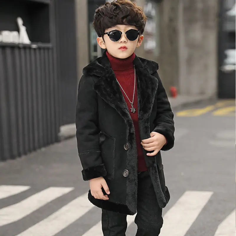 New 3-14 year old boys winter plush warm woolen coat, fashionable plaid high-quality children's woolen coat, boys casual jacket