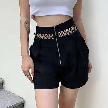 

SEASONS Patchwork Fishnet High Waist Shorts Lady Zipper Hollow Out Black Short Pants Women Harajuku Punk Summer Casual ASSH81145