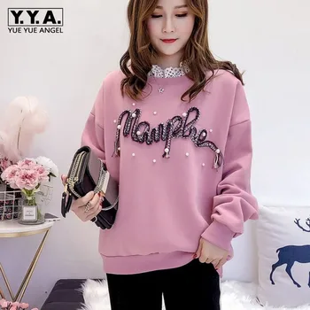 

Winter Casual Lace Beading Pullover Warm Sweatshirt Women High Street Cotton Inner Long Sleeve Letter Sweatshirt Pink/Black