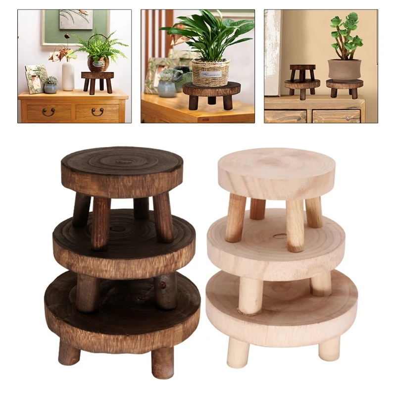 Plant Stand Wooden Flower Shelf Solid Wood Round Bench Flower Pot Holder Plant Succulent Flower Pot Base Display Stand Stool Home Garden Patio Decor