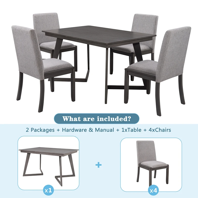 5-Piece Dining Set, Wood Rectangular Table With 4 Linen Fabric Chairs, Gray