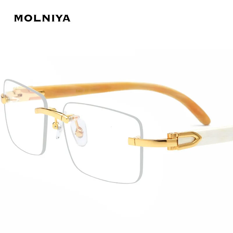 

Square Black Horn Myopia Glasses Men Women Frameless Computer Eyewear Spring Hinge Optical Spectacles Frame