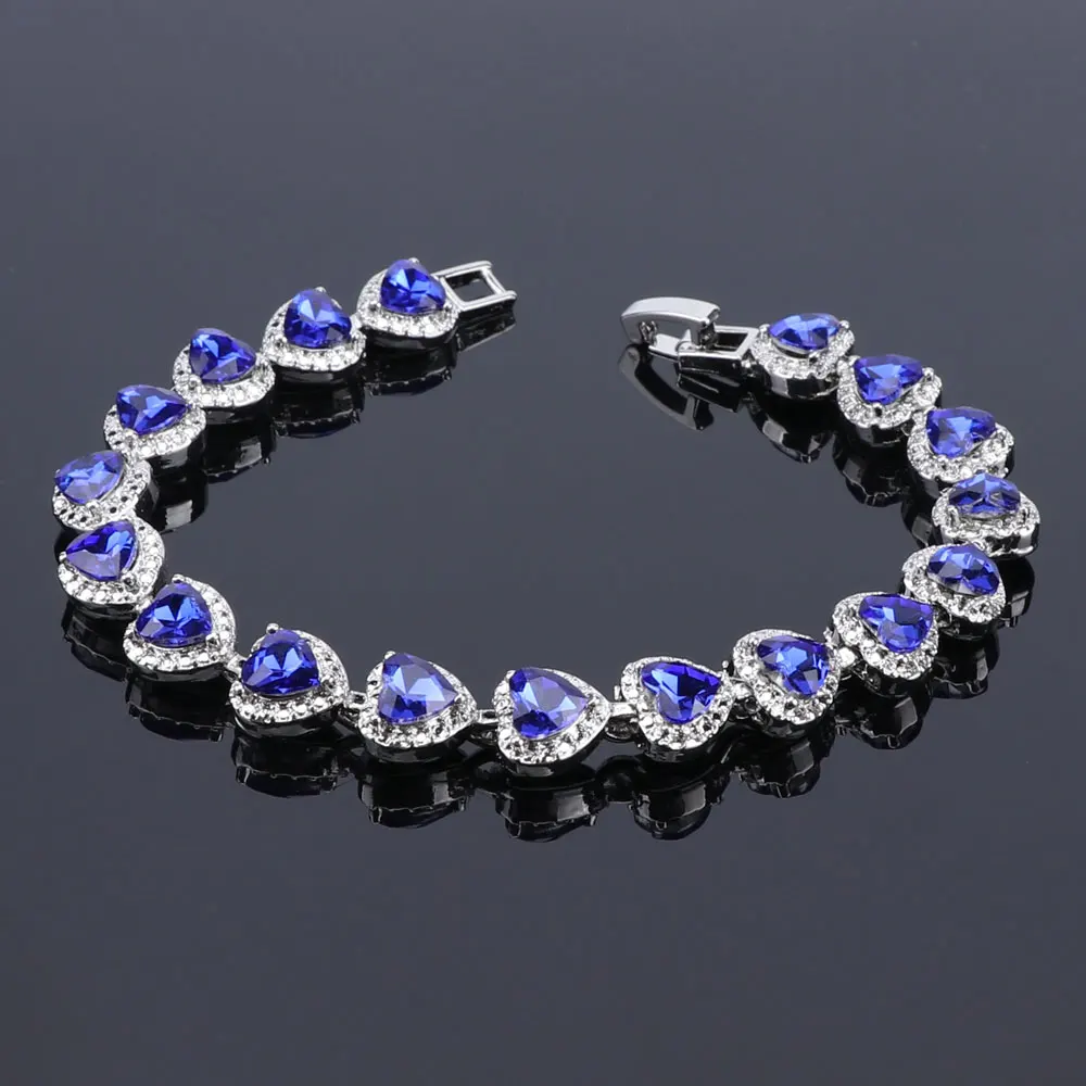 Свадебный набор украшений для женщин серебряные ювелирные изделия свадебный браслет, серьги, кольцо синие камни CZ в форме сердца ожерелье набор подарочная коробка