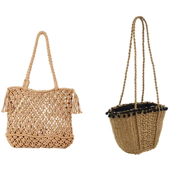 

for Women Cute Handmade Straw Bags Summer Grass Handbags Drawstring & Straw Bag Woven Bag Forest Female Mesh Rope