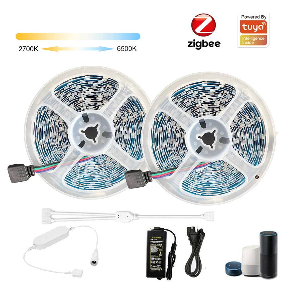 5M 10M Tuya Zigbee Smart CCT Led Strip 5050 Dual White 2in1 Warm white &amp White+Mini Controller+12V Power Echo Plus Voice Control |