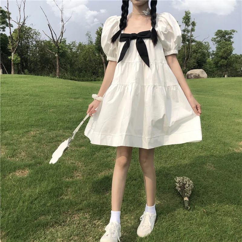 Sweet Kawaii Black Tie Women Dress Soft Girly White Dress 2020 Summer Fashion Bow Square Collar Puff Sleeve Dress Femme Vestidos