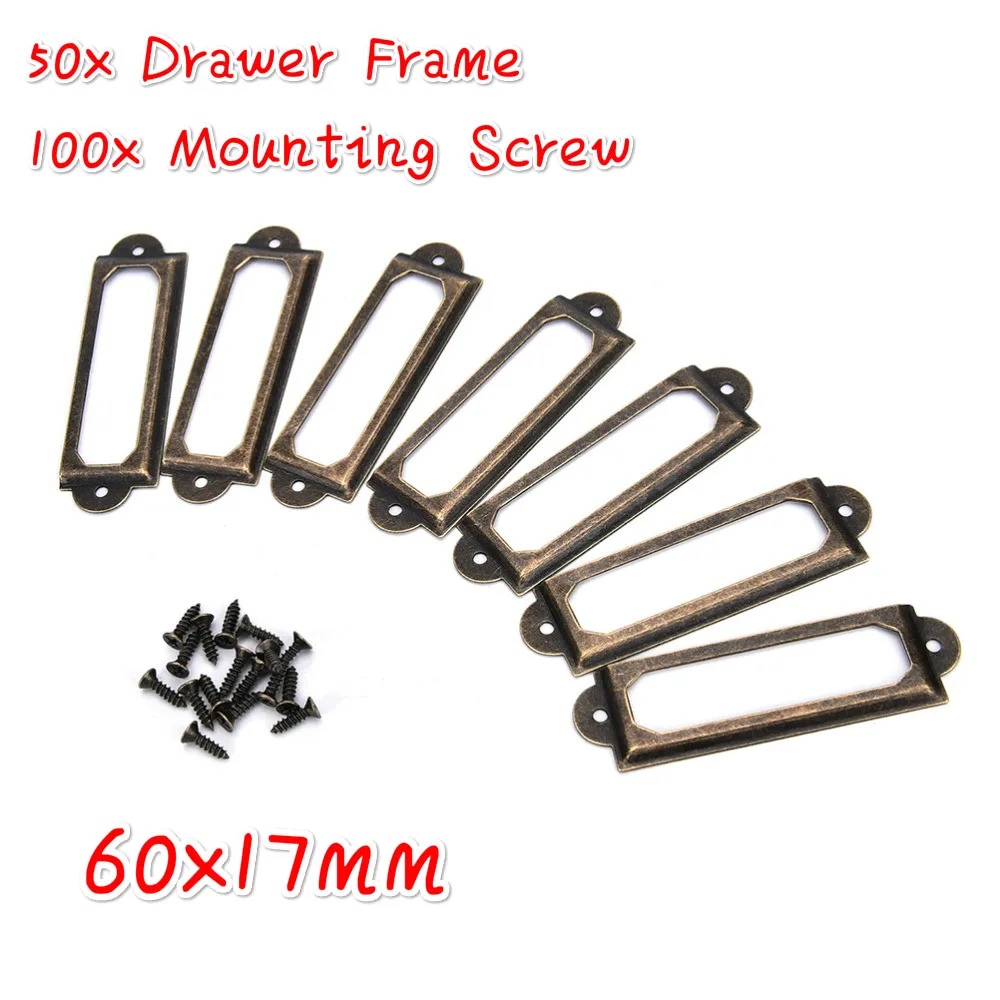 50Pcs Antique Brass Metal Label Pull Frame Handle File Name Card Holder Furniture Hardware For Furniture Cabinet Drawer Box Case