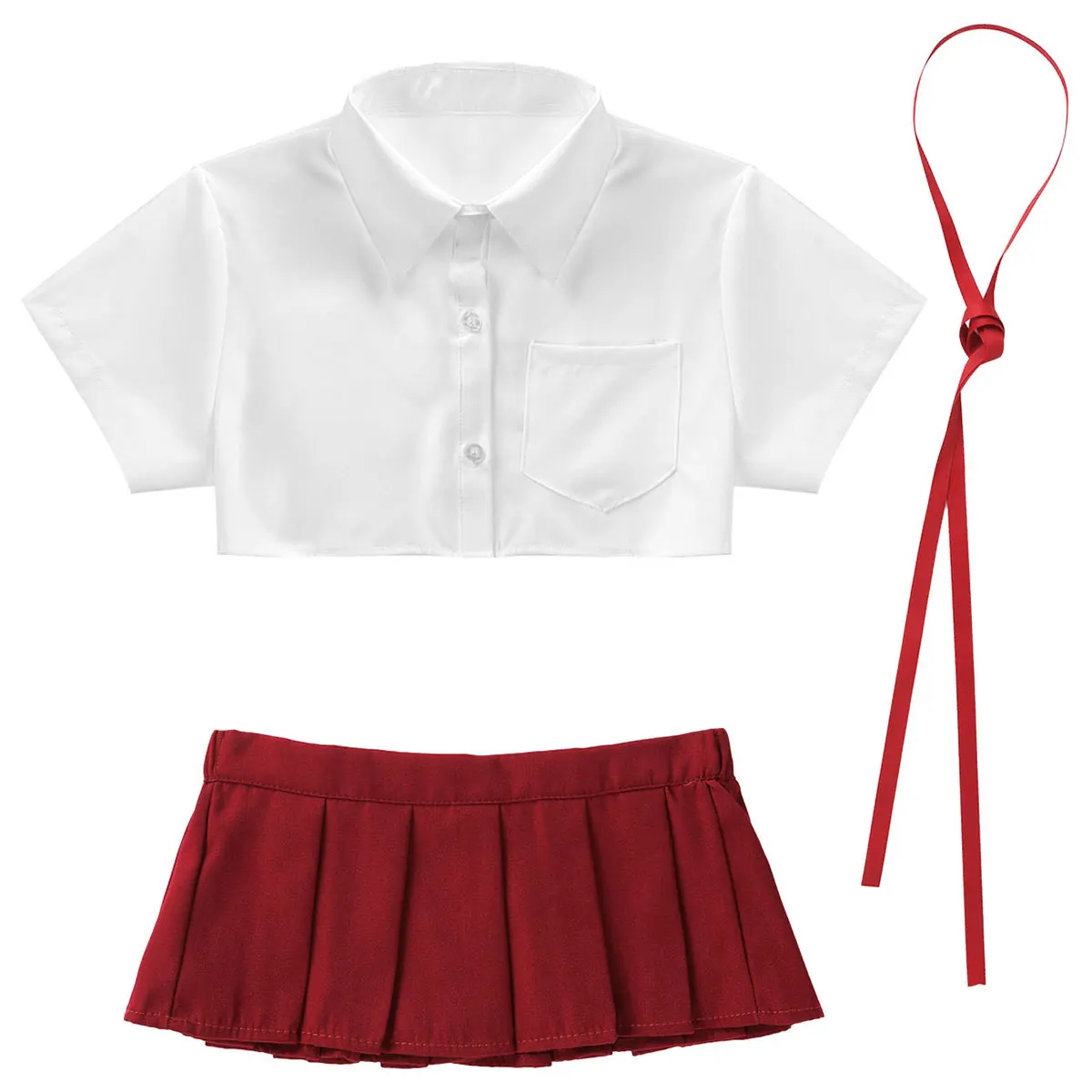 Womens Femme Naughty School Girl Cheerleader Cosplay Costume Turn-down Collar T-shirt Crop Tops with Ribbon Mini Pleated Skirt