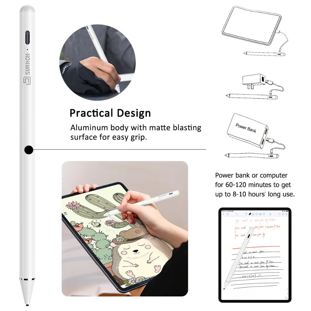 Стилус карандаш планшет 1,5 мм перезаряжаемый стилус с перчатки для письма Высокая чувствительность для всех сенсорных экранов мобильного телефона Белый