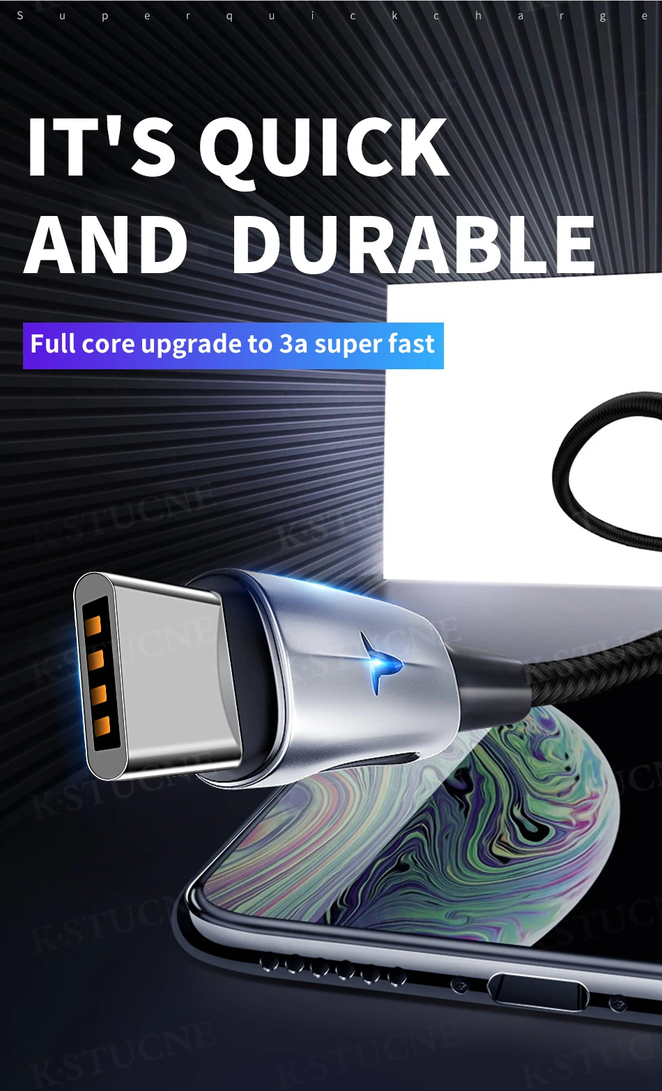 KSTUCNE usb type C телефонный кабель 5A светодиодный светильник для samsung S10 S9 S8 Xiaomi Quick Charge QC 3,0 4,0 USB-C кабель для huawei P20 P30