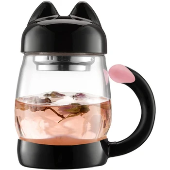 

420 Ml / 14 Oz Portable Cute Cat Tail Glass Tea Cup with A Lid, Heat Resistant Mugs with A Strainer