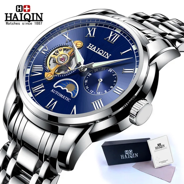 HAIQIN Automatic Mechanical Watch Men Stainless Steel Watches Mens Brand Luxury Business Waterproof Wristwatch relogio masculino Silver Blue S
