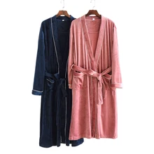 Зимние японские простые пары кимоно халаты для женщин и мужчин с длинным рукавом ночная рубашка фланелевые теплые кимоно халаты для женщин