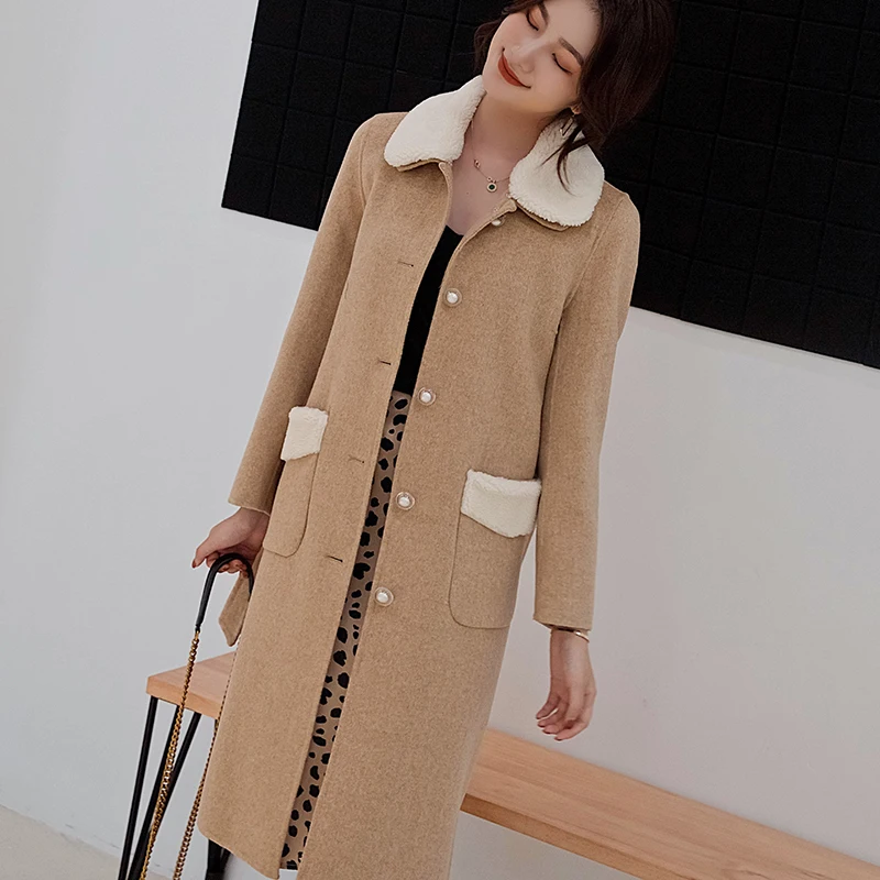 

Smpevrg lady long wool coat women with waist turn-down collar female coat long sleeve thick warm overcoat women jackets outwear
