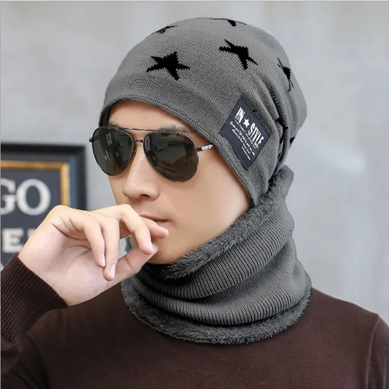 Winter Men Hat Scarf Man Warm Knitted Plush Hat 2 Peice Set Male Geometry Print Beanies Cap And Ring Scarves Adult Accessories