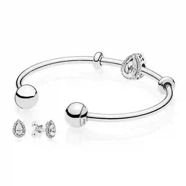 

SIENTO 100% 925 Sterling silver Radiant Teardrop Open Bangle and Earrings Set Clear CZ fit DIY charm Bracelets jewelry set