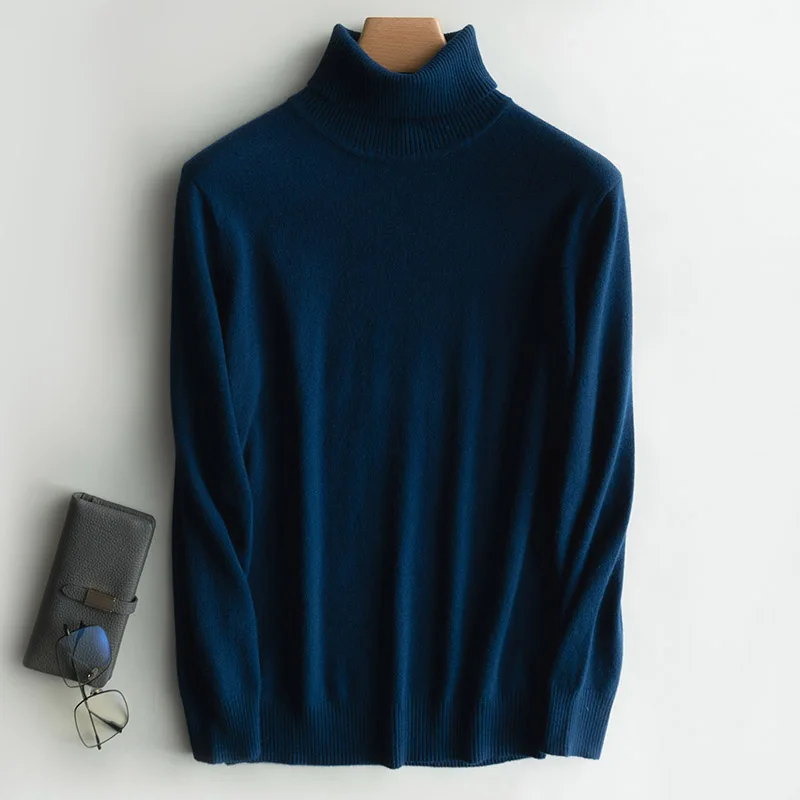 Повседневный мужской свитер с воротником под горло, кашемировые свитера и пуловеры, теплый джемпер на подкладке, мягкий осенне-зимний Топ с длинным рукавом - Цвет: Тёмно-синий