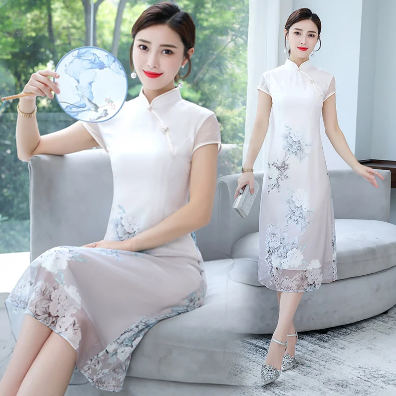 Женское длинное платье Чонсам в китайском стиле с коротким рукавом элегантное