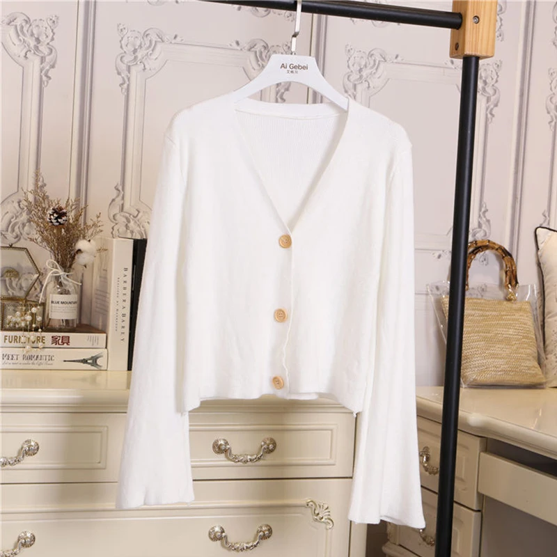 simple Cardigan Female V-neck Woman Sweater Knitting 2020 Spring New Girl Solid Color Long Sleeve Cardigan Sweater Short Jacket