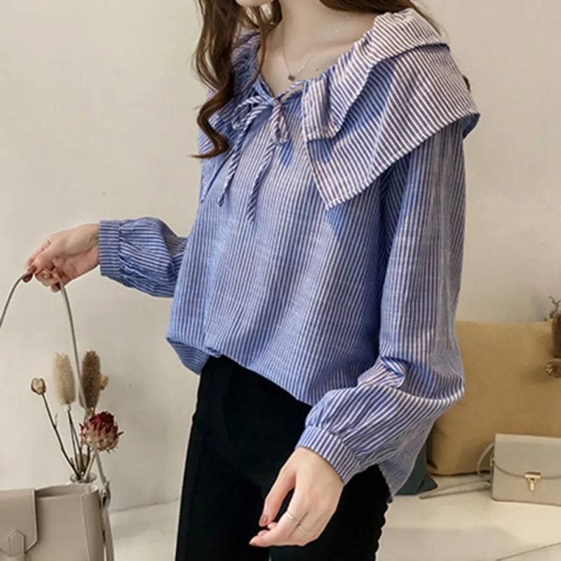 Blouse Women Top Stripe Shirt Korean Clothes Printing Long Sleeve V-Neck Loose Blouse Blusas Mujer De Moda New Arrival