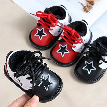 

2020 Children Winter Baby Girls Boys Shoe Plus Velvet Kids Soft Lace-up Cartoon Print Breathable Bottom Walking Sports Baby Shoe