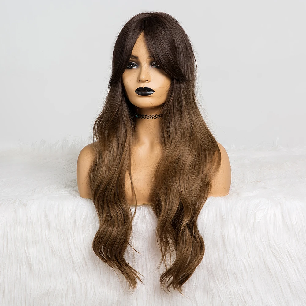 EASIHAIR Long Ombre Brown Synthetic Wigs For Black Women Wigs with Bangs High Density Temperature Glueless Wavy Cosplay Wigs