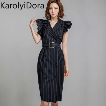 

2020 summer Korean OL temperament suit collar double-breasted striped slim-fit professional jacket dress