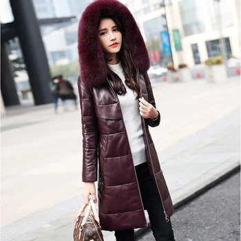 

Genuine Leather Jacket Long Sheepskin Fox Fur Collar Korean Jackets Winter Coat Women Chaqueta Mujer K918D0052 YY988