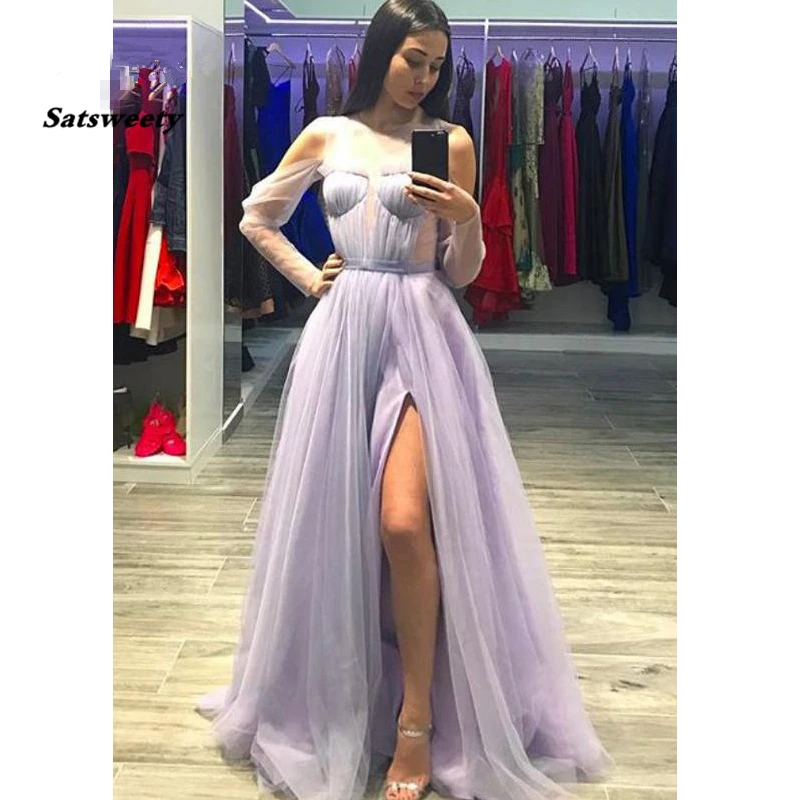 

Lilac 2020 Prom Dresses High Slit Tulle Party Maxys Long Sleeve Prom Gown Evening Dress Robe De Soiree
