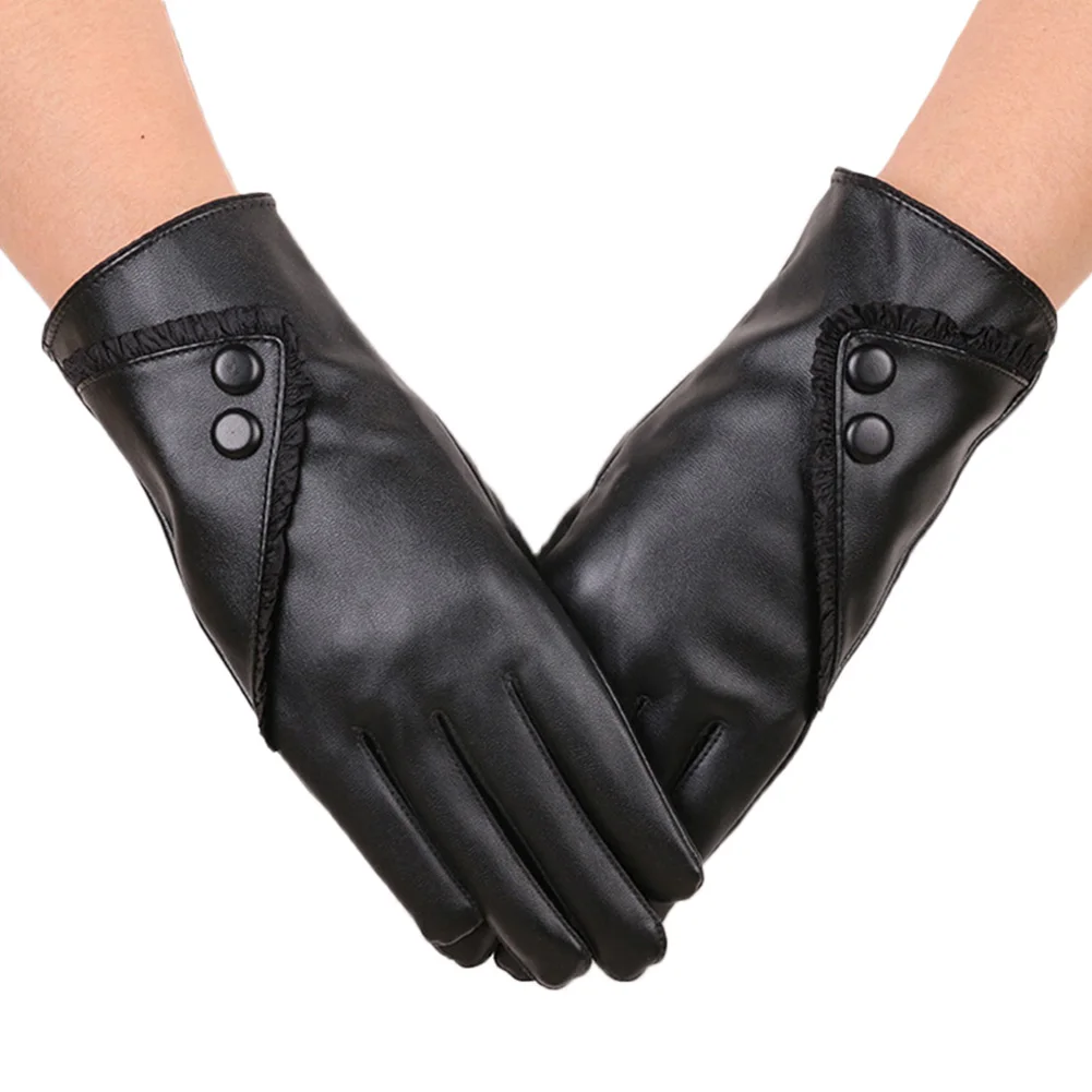 Черный Biking Gloves PU Leather Full Covered Screentouch Lace Glove for Women Outdoor Sport Windproof ALS88 - Цвет: Черный