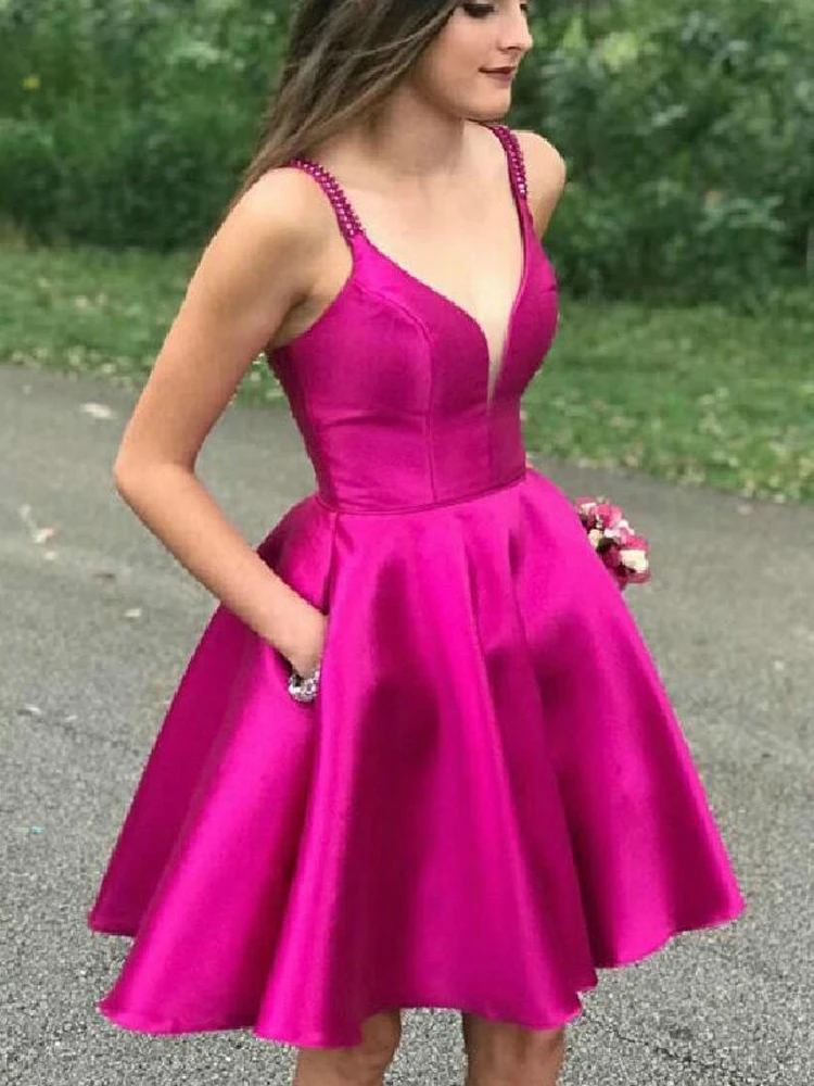 Spaghetti Strap Satin Homecoming Dresses Short Knee-Length V-neck Sleeveless Open Back Prom Party Gown with Pockets