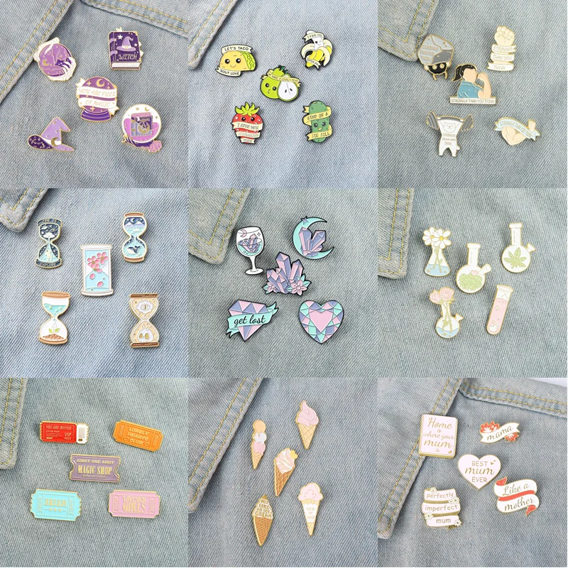 

Custom 5pcs/set Magic Witchcraft Enamel Pin Hourglass Ice Cream Brooch Lapel Badge Bag Cartoon Jewelry Gift for Friend Wholesale