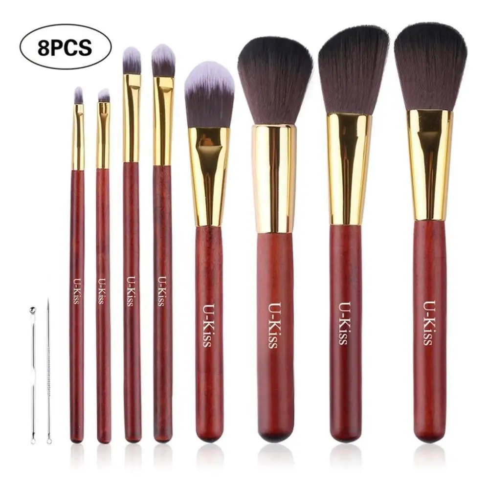 

U-Kiss Multiple Functions Luxury Durable Lightweight Synthetic Fiber Bristle Wooden Brush Handle 8 Piece Makeup Brush Set