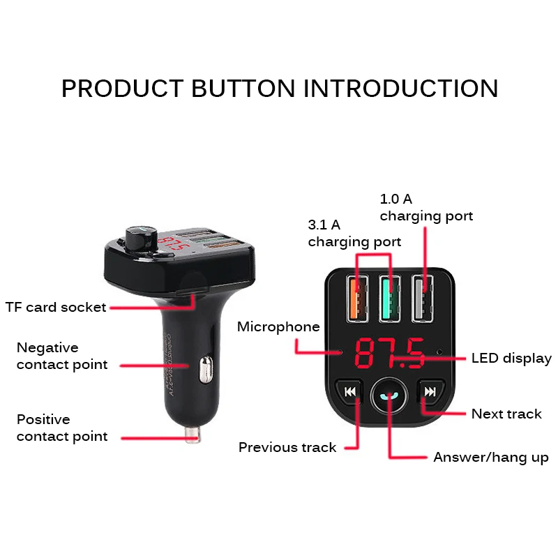 Автомобильный MP3-плеер Bluetooth 5,0 3.1A 3 USB Автомобильное зарядное устройство с цифровым экраном дисплей мобильный телефон автомобильное зарядное устройство для Xiaomi IPhone11