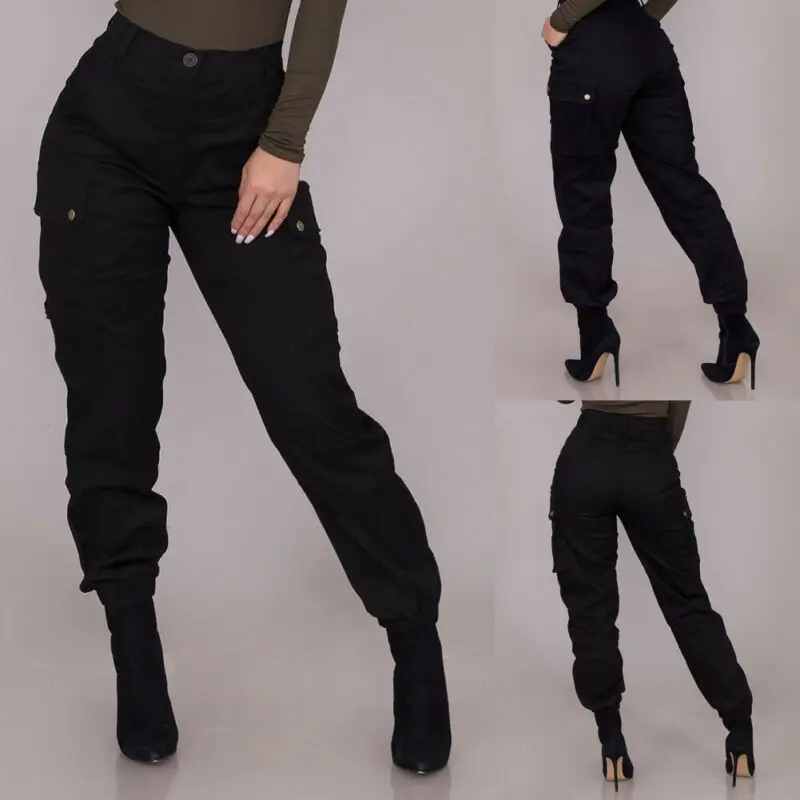 Stylish Women Cargo Pants High Waist Black Pants Button Pockets